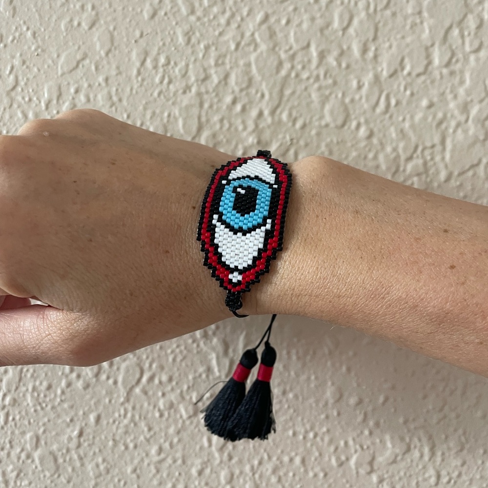 Evil Eye Beaded Bracelet in Red, Blue, and Black